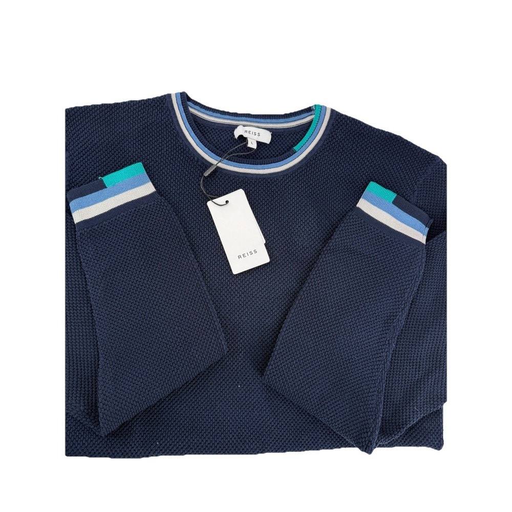 NWT! Mens Reiss Amble Intarsia Trim Textured Cotton Crewneck Sweater Navy L $180